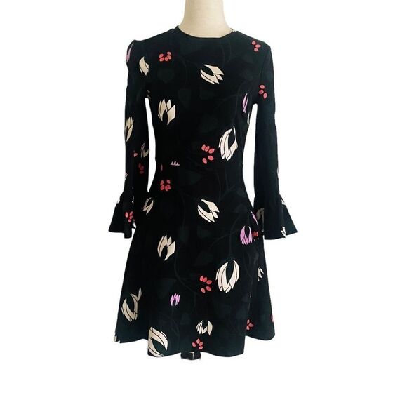 Kate Spade Long Bell Sleeve Floral Print Mini Dress Black Stretchy XXS Zip AG23 - Picture 1 of 13